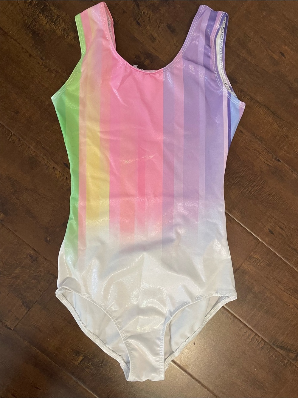 Kids Size 12 Rainbow Stripe One-Piece Leotard - White with Pastel Rainbow